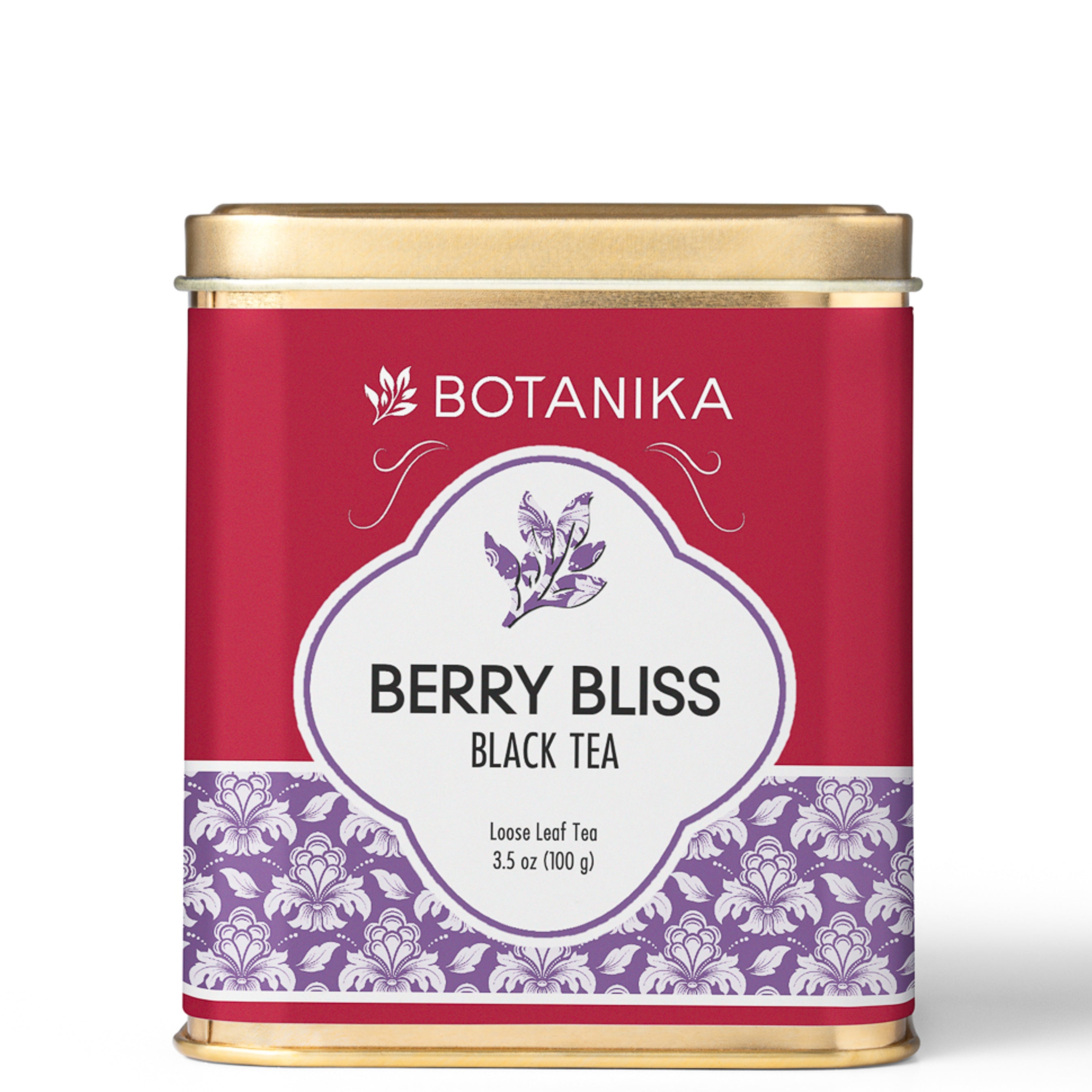 A golden tea tin for Botanika Tea's Berry Bliss Black Tea.