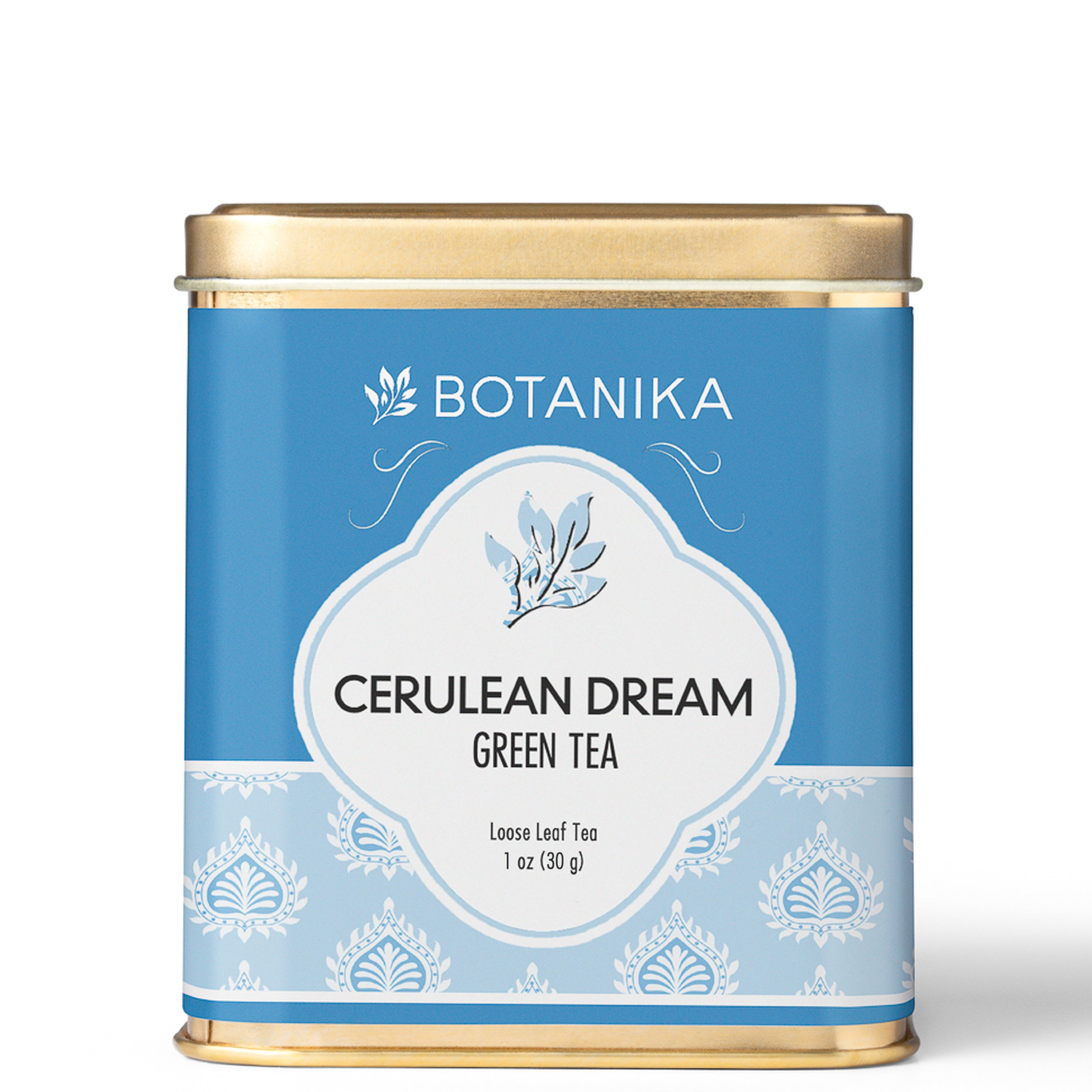 A golden tea tin for Botanika Tea's Cerulean Dream Green Tea.