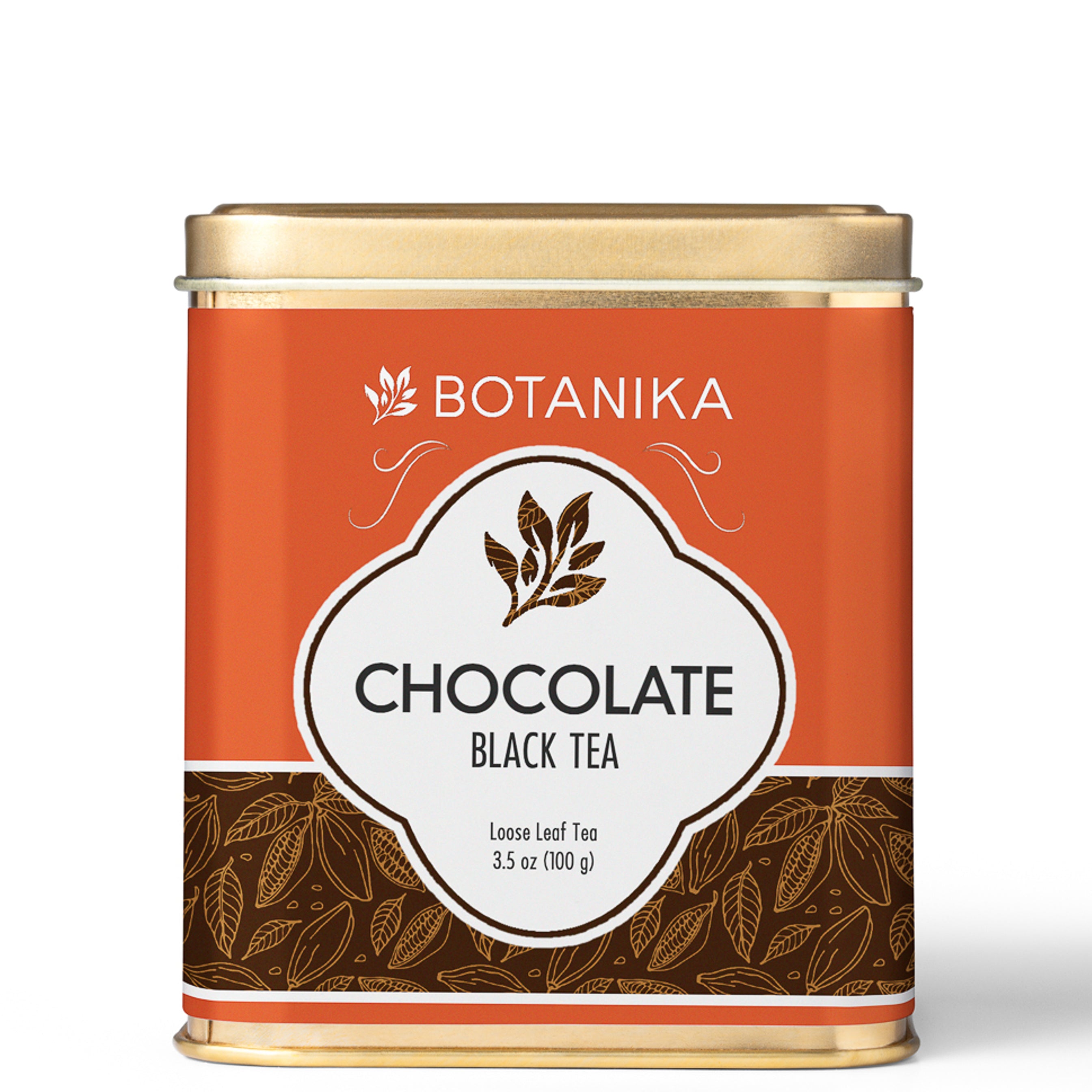 A golden tea tin for Botanika Tea's Chocolate Black Tea.