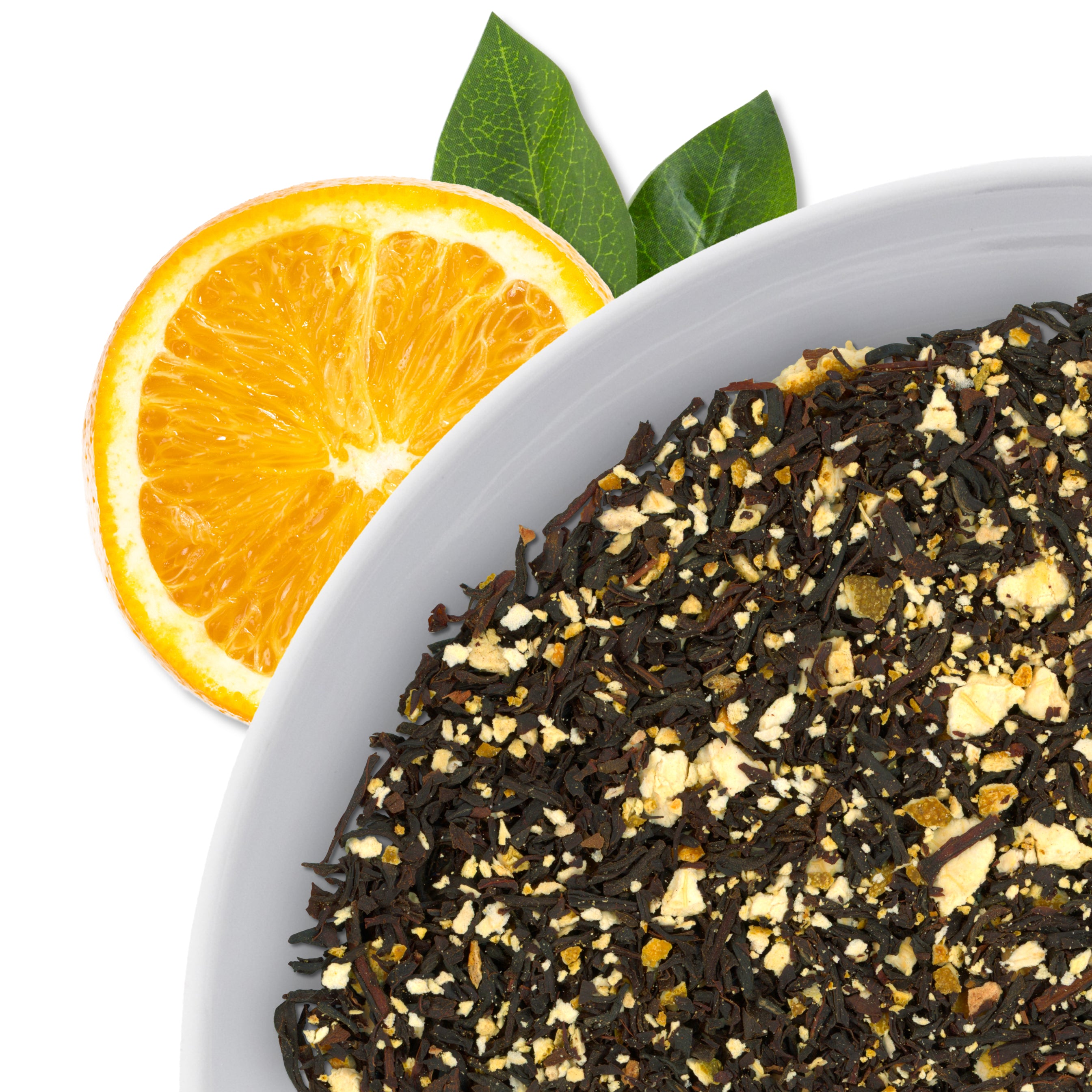 The corner of a bowl of Earl Grey loose leaf black tea, with flavor notes displayed as a slice of bergamot orange.