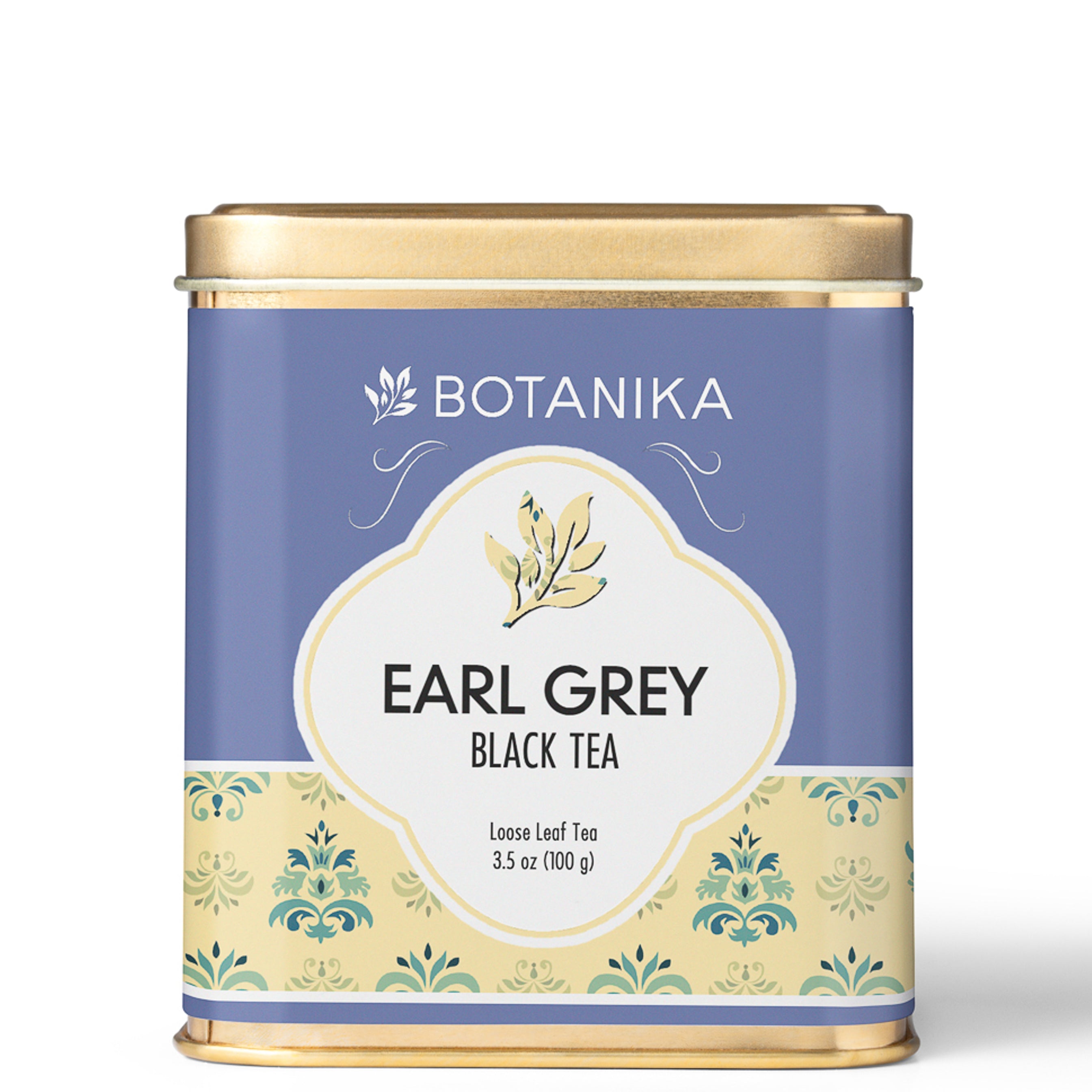 A golden tea tin for Botanika Tea's Earl Grey Black Tea.