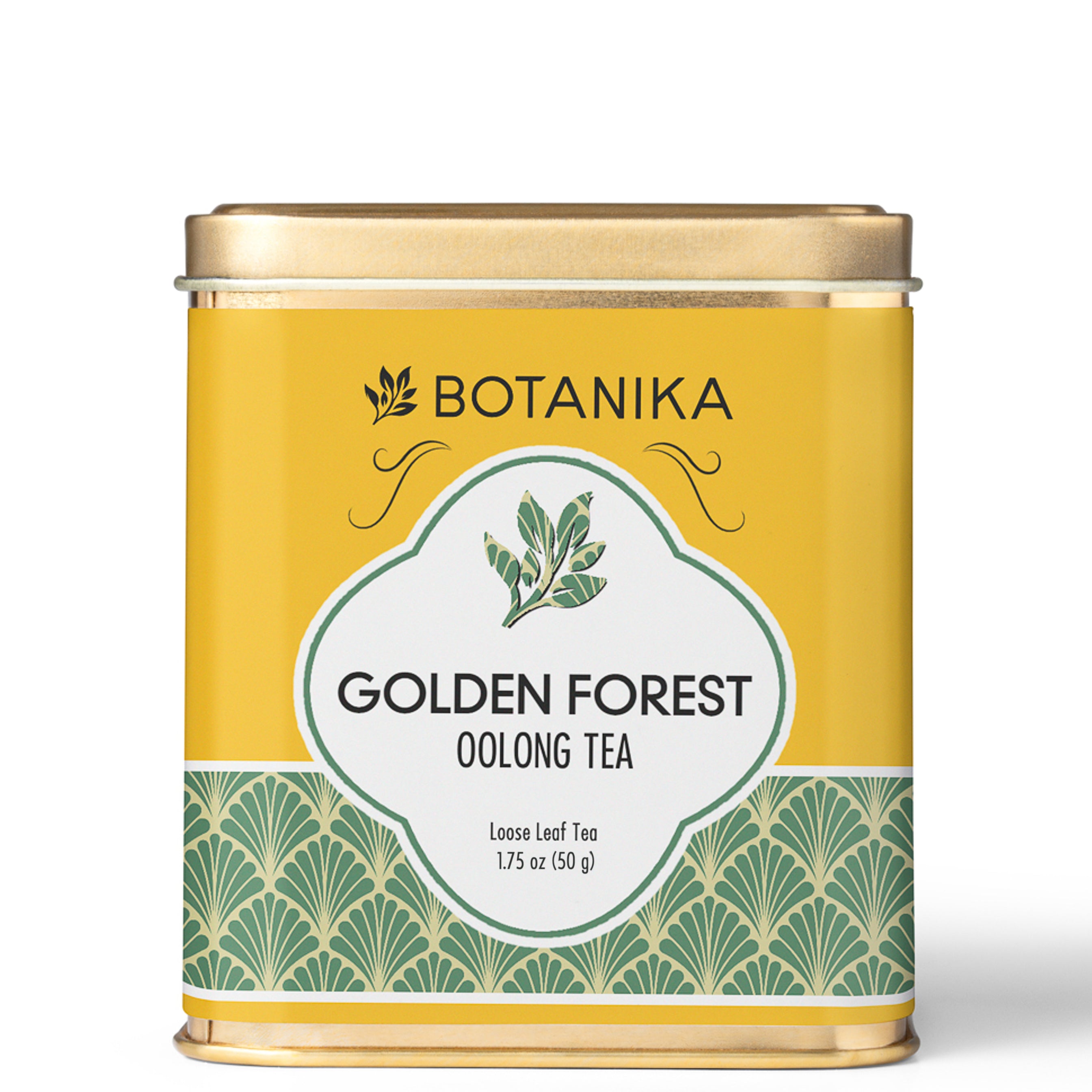 A golden tea tin for Botanika Tea's Golden Forest Oolong Tea.