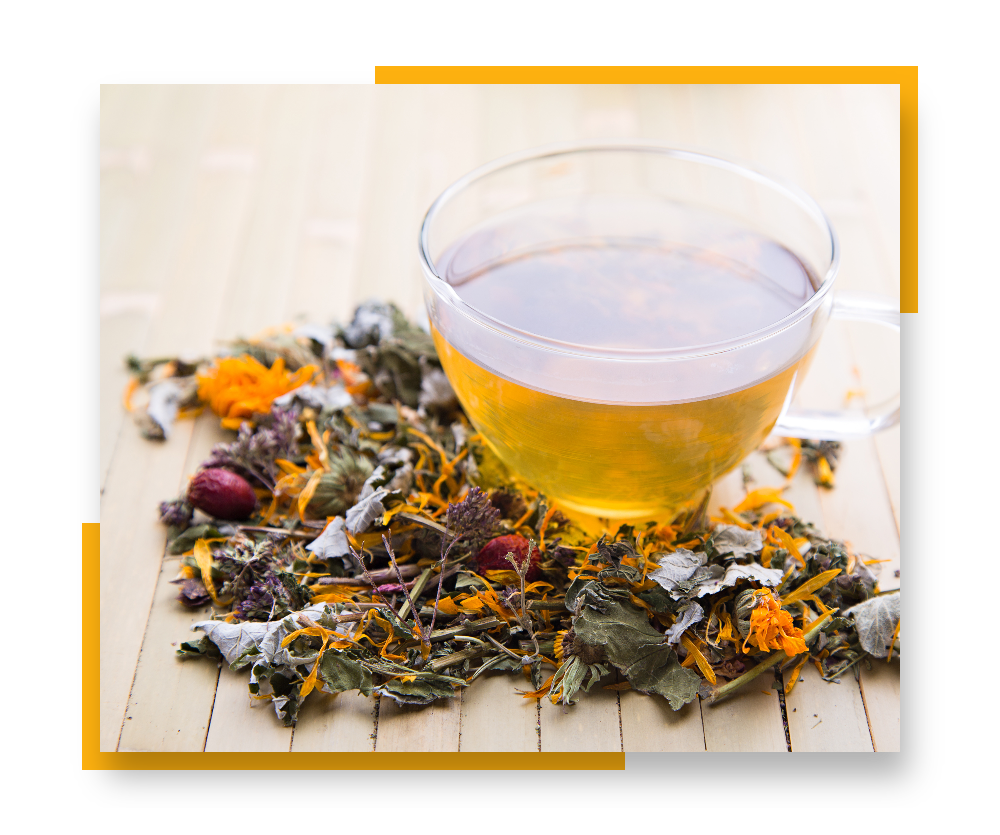 A glass of herbal tea surrounded by colorful herbal tea ingredients. The image is bordered by golden accent colors.