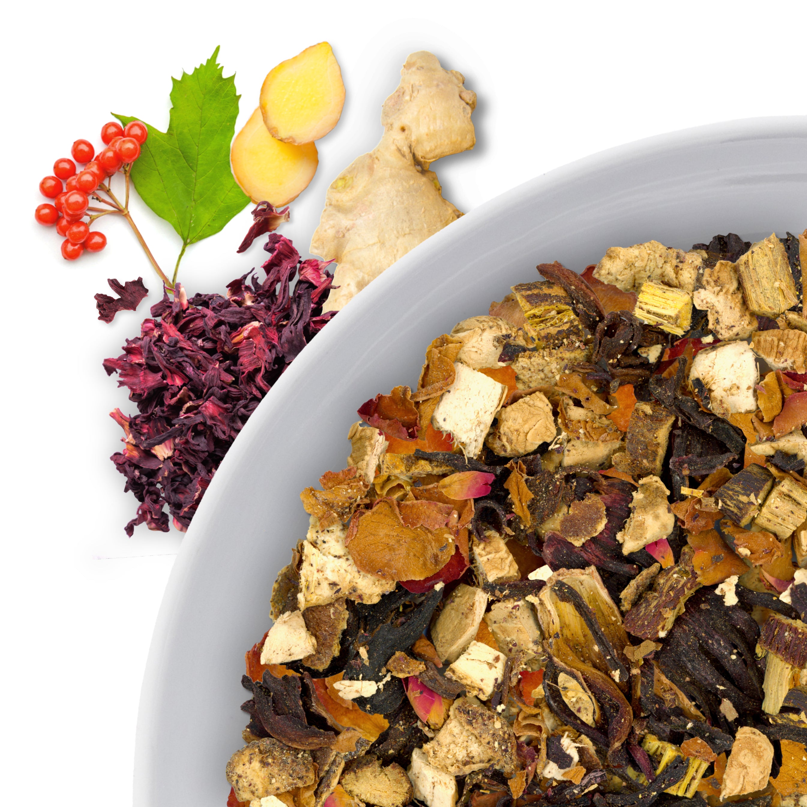 The corner of a bowl of Hibiscus Tang loose leaf tea, with flavor notes displayed as ginger, schisandra berry, and hibiscus.