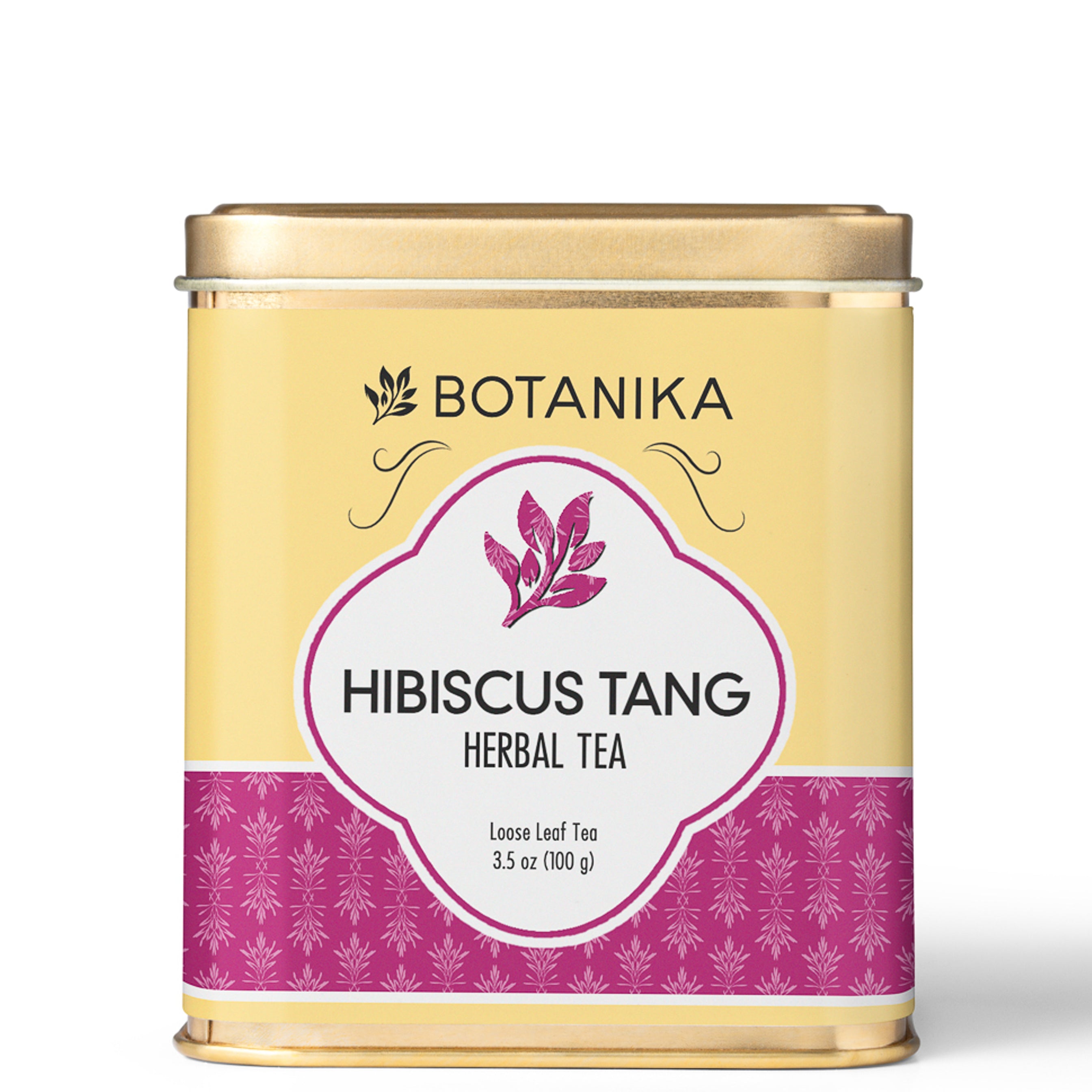 A golden tea tin for Botanika Tea's Hibiscus Tang Herbal Tea.