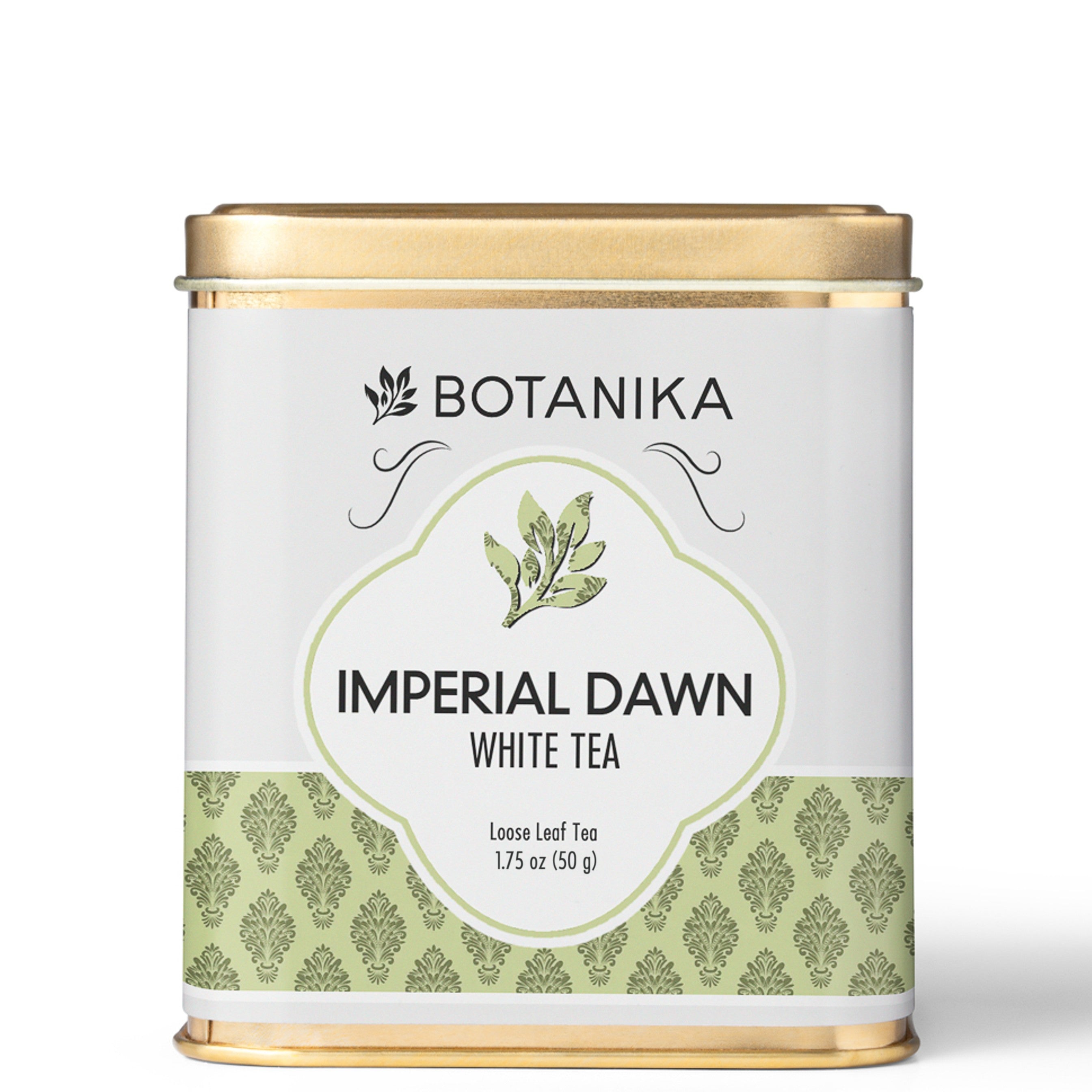 A golden tea tin for Botanika Tea's Imperial Dawn White Tea.