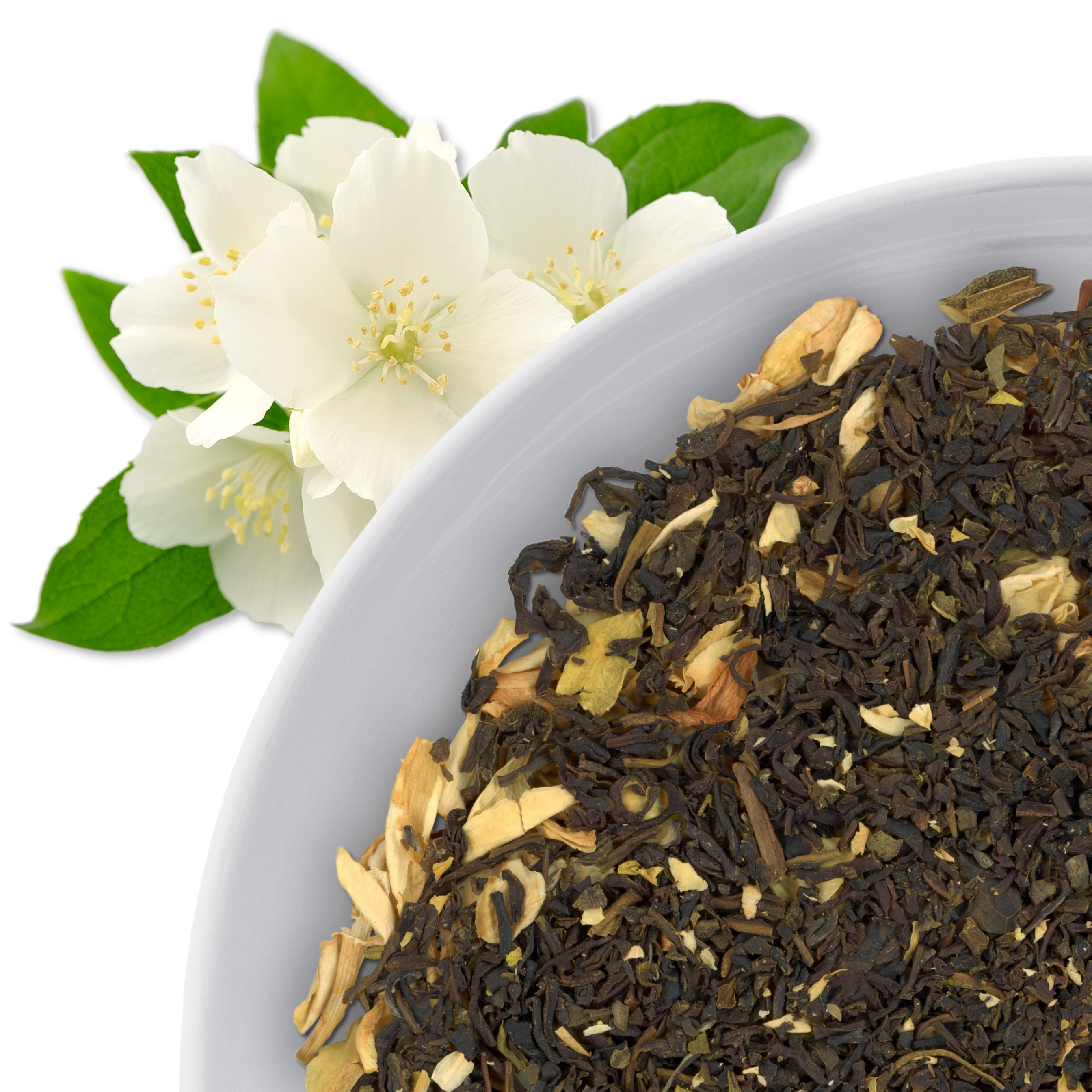 The corner of a bowl of Jasmine loose leaf green tea, with flavor notes displayed as jasmine flowers.