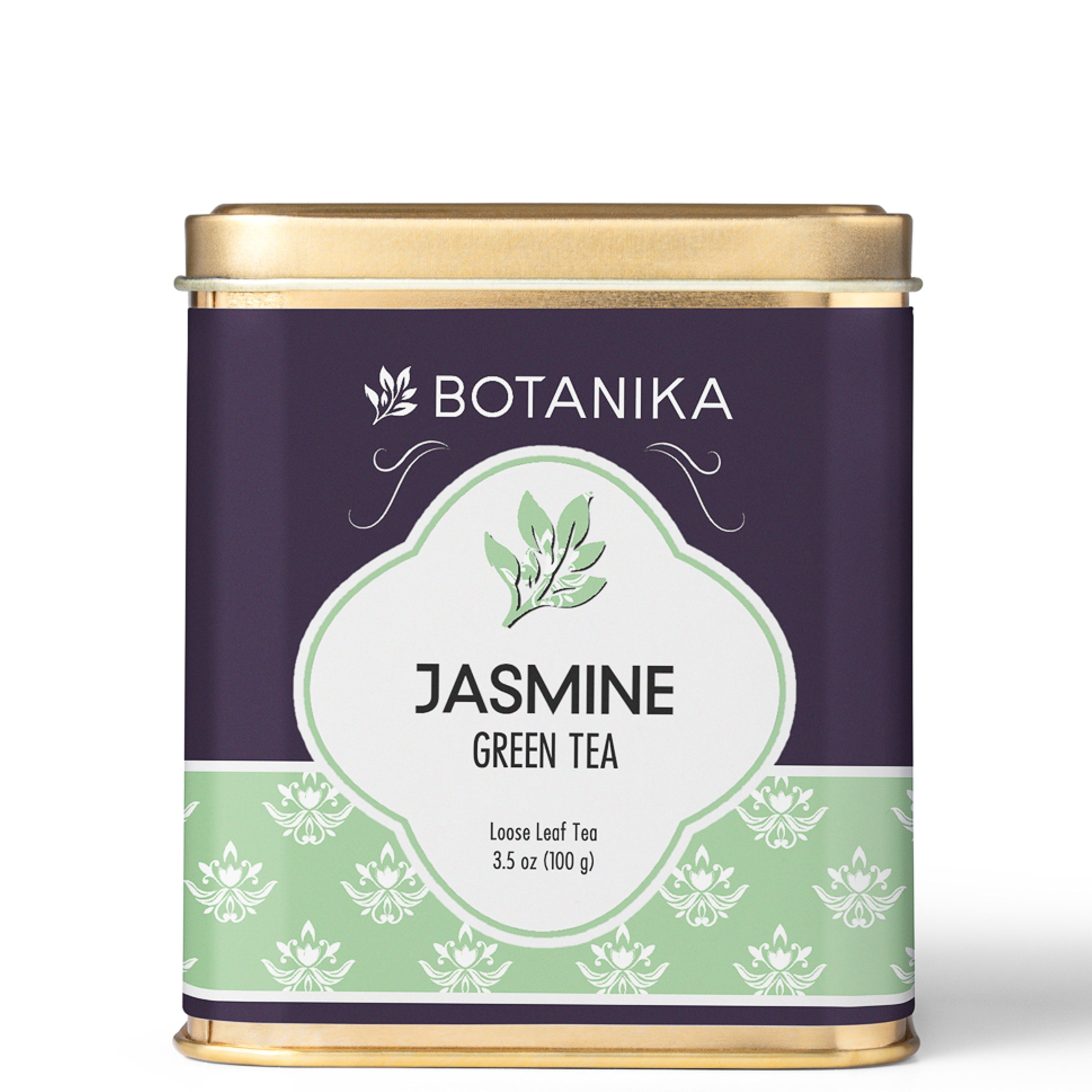 A golden tea tin for Botanika Tea's Jasmine Green Tea.