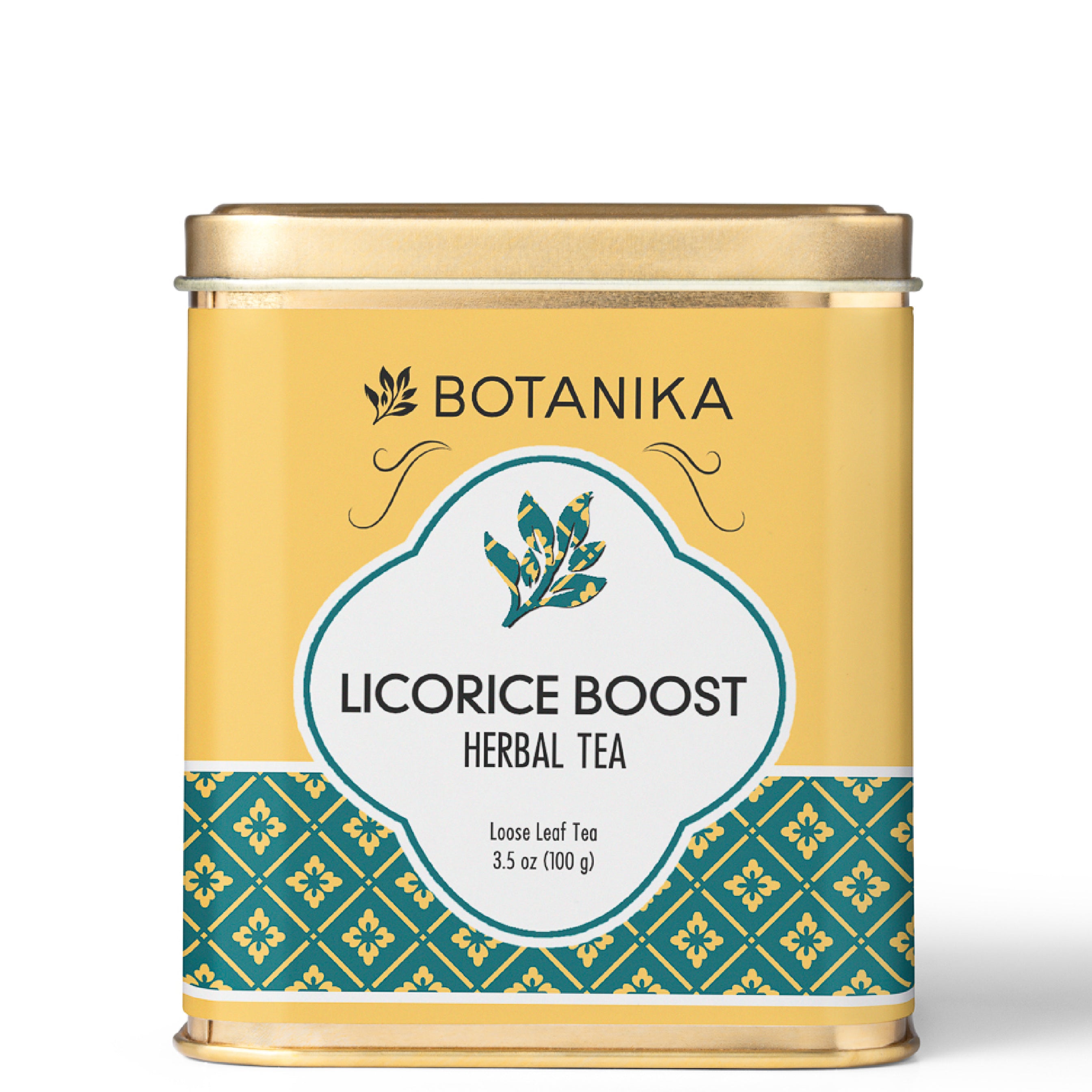 A golden tea tin for Botanika Tea's Licorice Boost Herbal Tea.