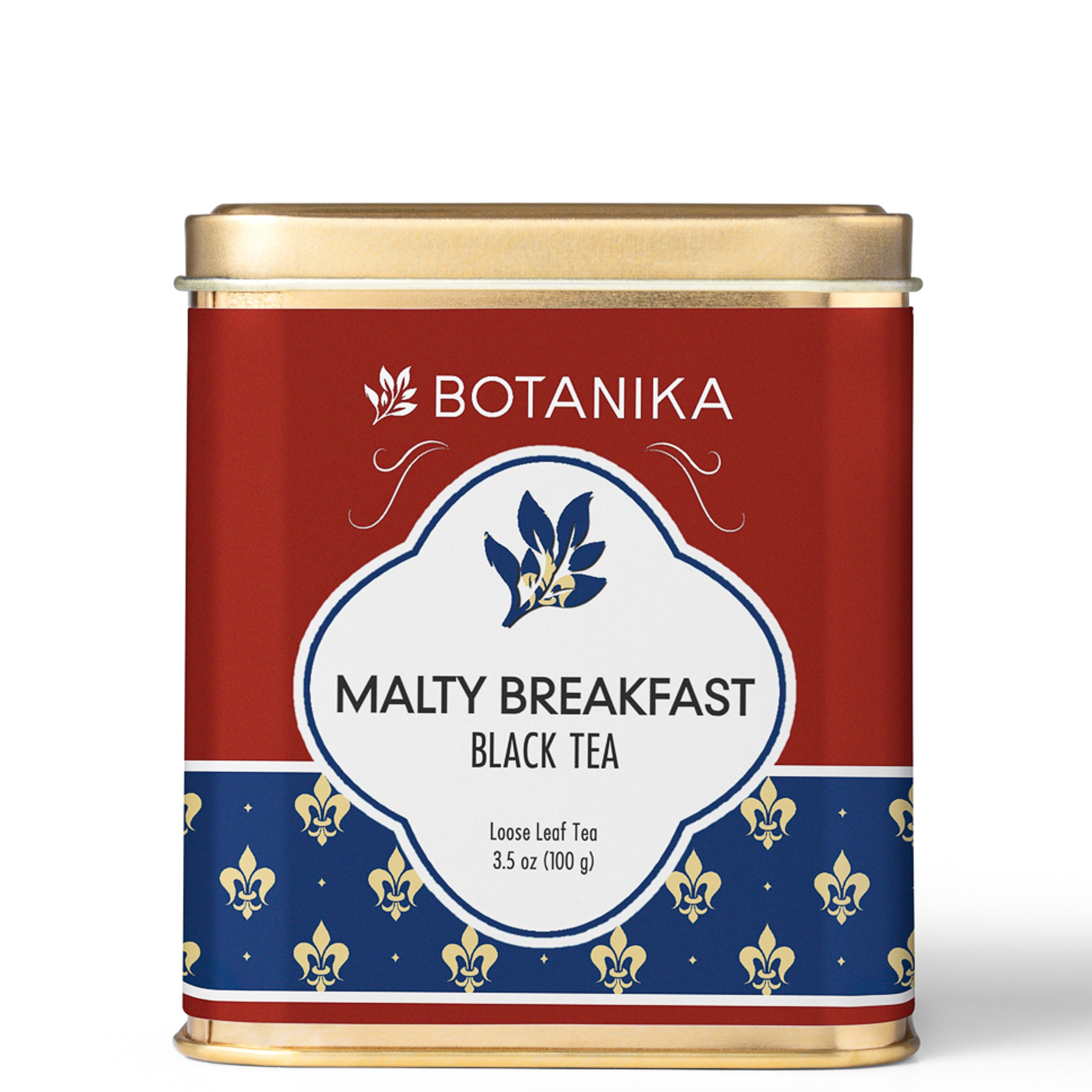 A golden tea tin for Botanika Tea's Malty Breakfast Black Tea.