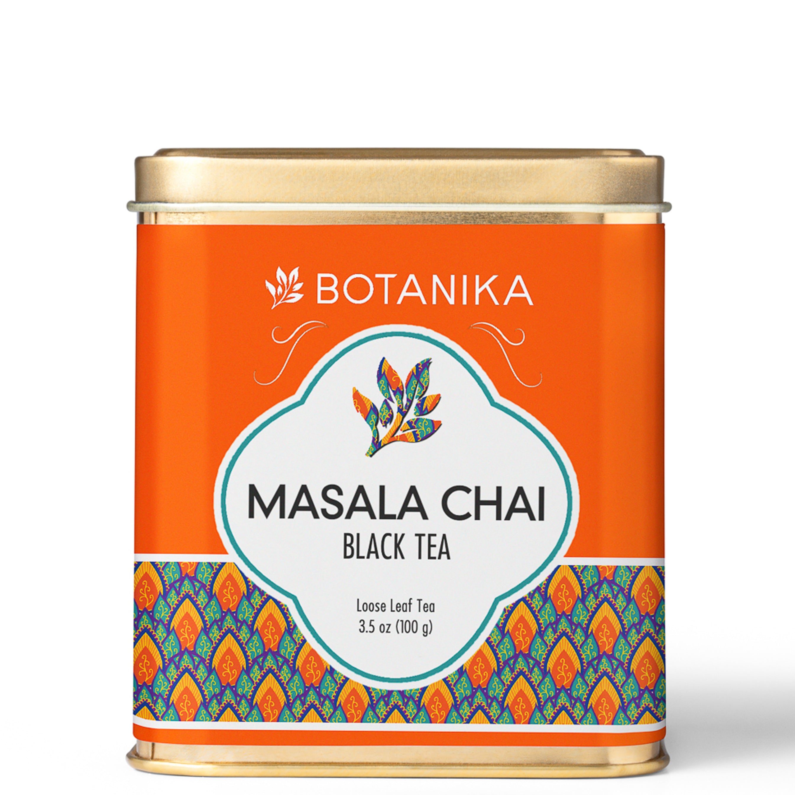 A golden tea tin for Botanika Tea's Masala Chai Black Tea.