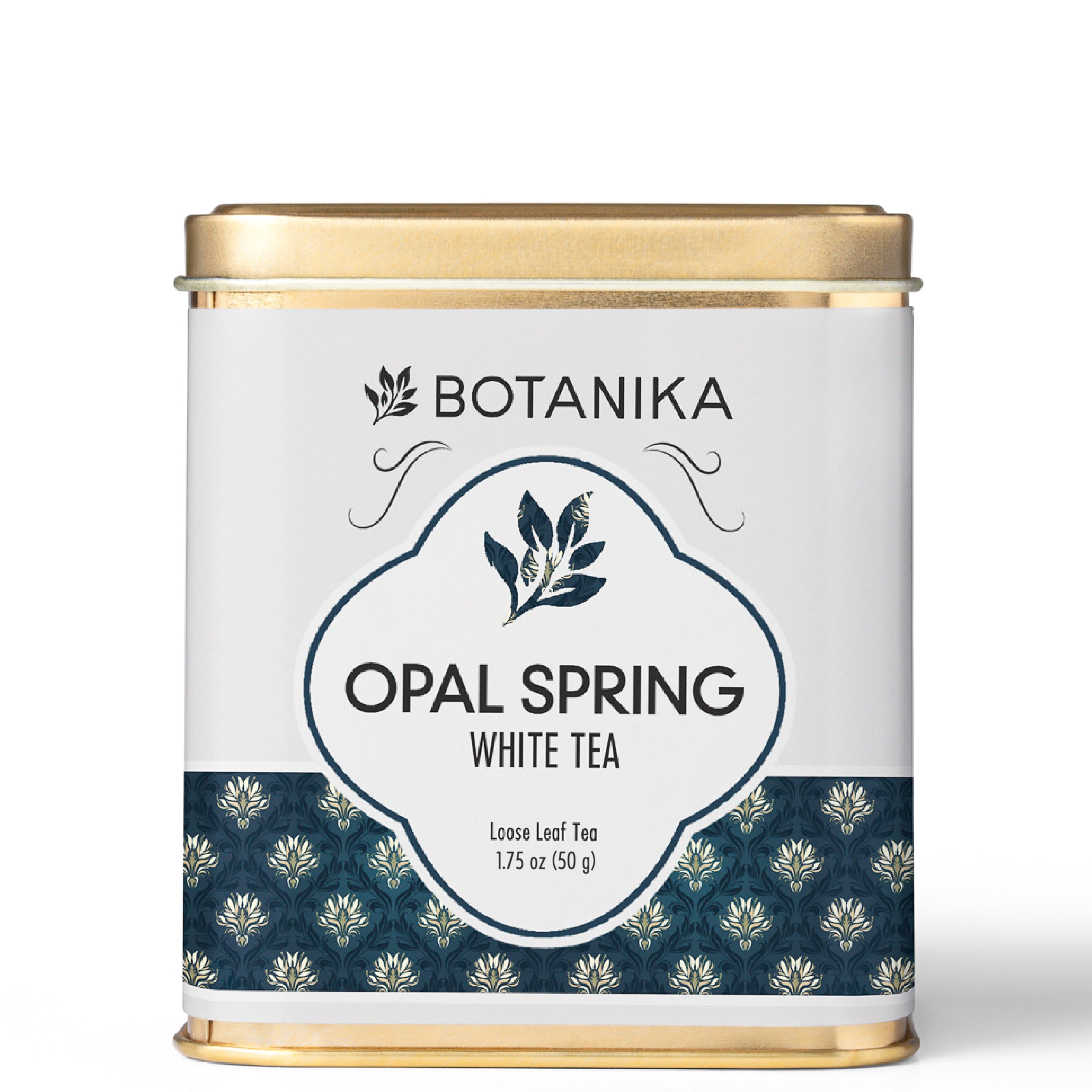 A golden tea tin for Botanika Tea's Opal Spring White Tea.