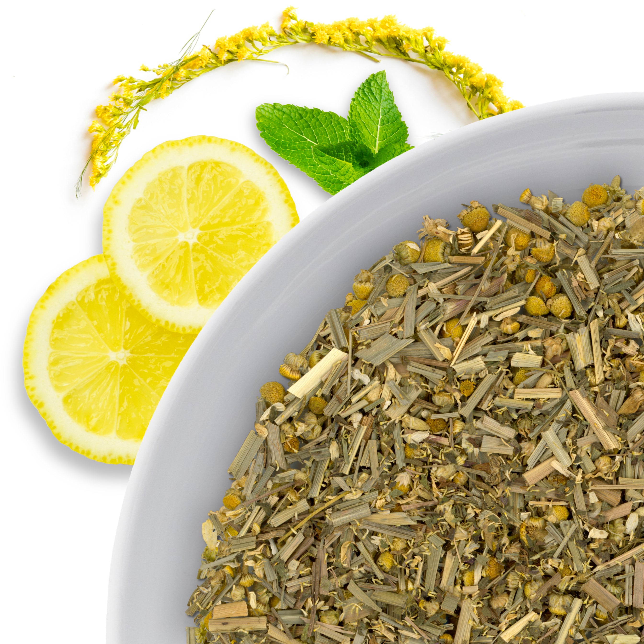 The corner of a bowl of Prairie Sunrise loose leaf herbal tea, with flavor notes displayed as lemon, mint, and chamomile.