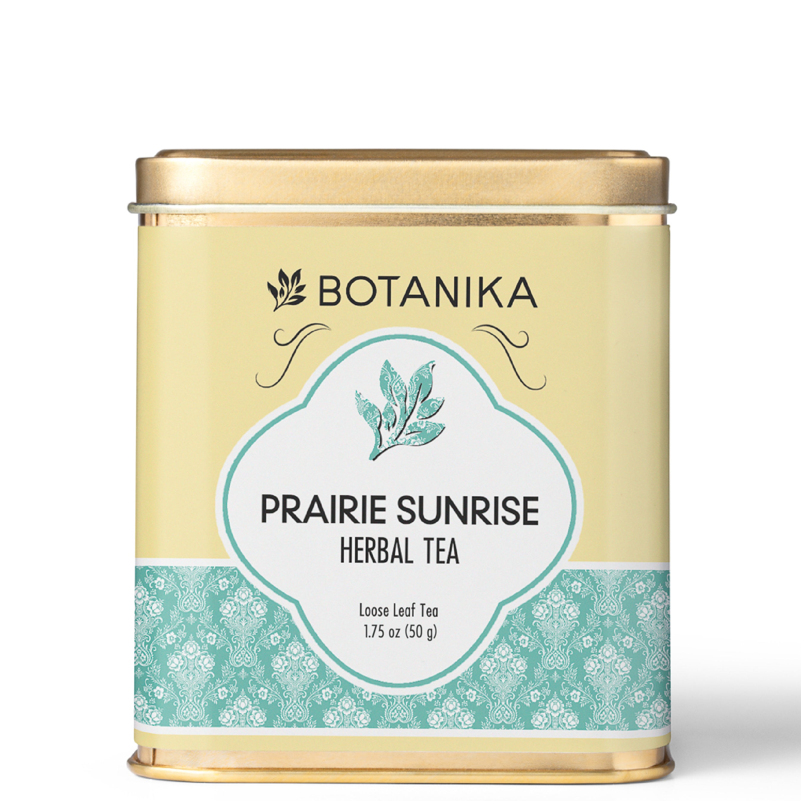 A golden tea tin for Botanika Tea's Prairie Sunrise Herbal Tea.