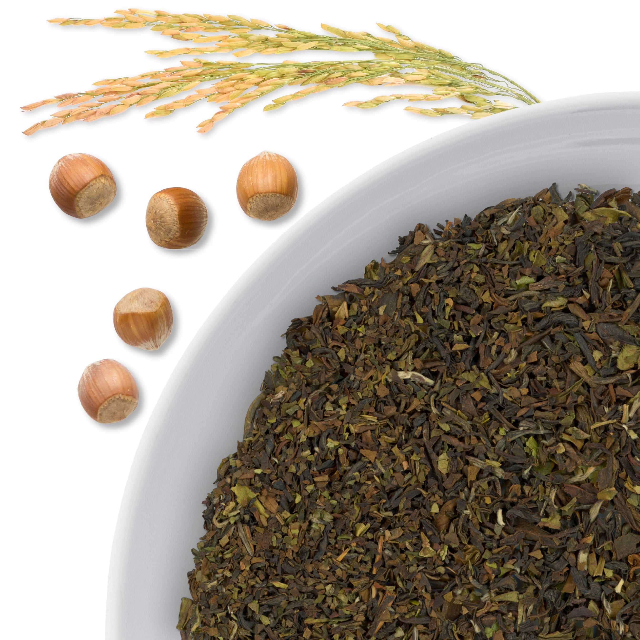 The corner of a bowl of Rolling Thunder loose leaf oolong tea, with flavor notes displayed as nutty with rice grains.