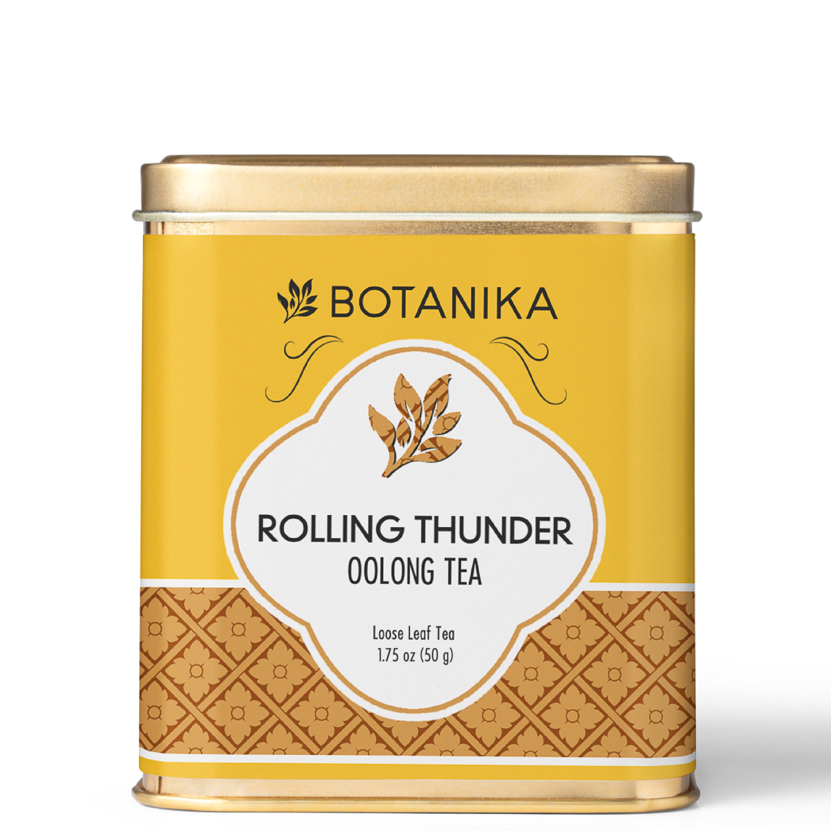 A golden tea tin for Botanika Tea's Rolling Thunder Oolong Tea.