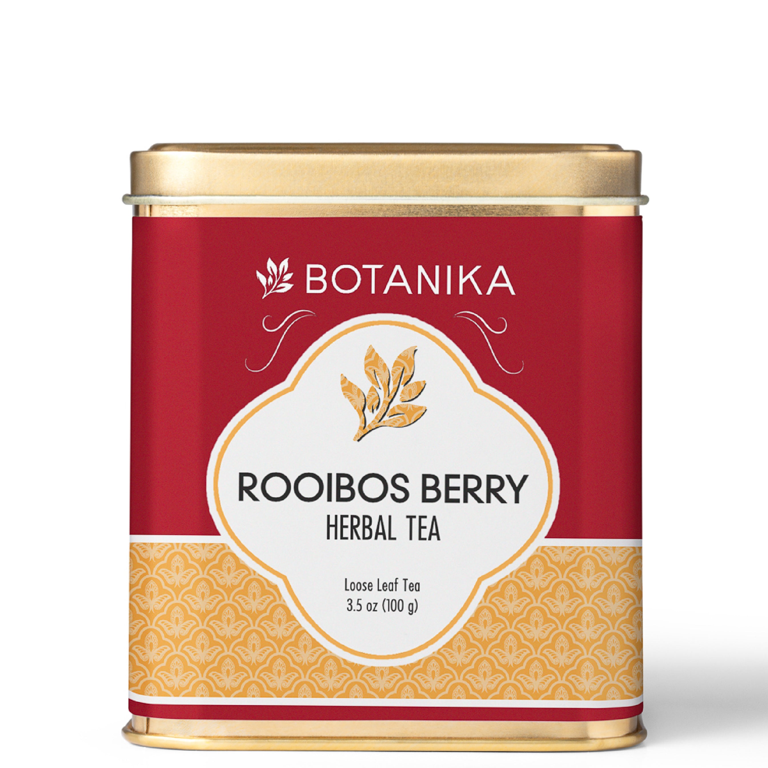 A golden tea tin for Botanika Tea's Rooibos Berry Herbal Tea.