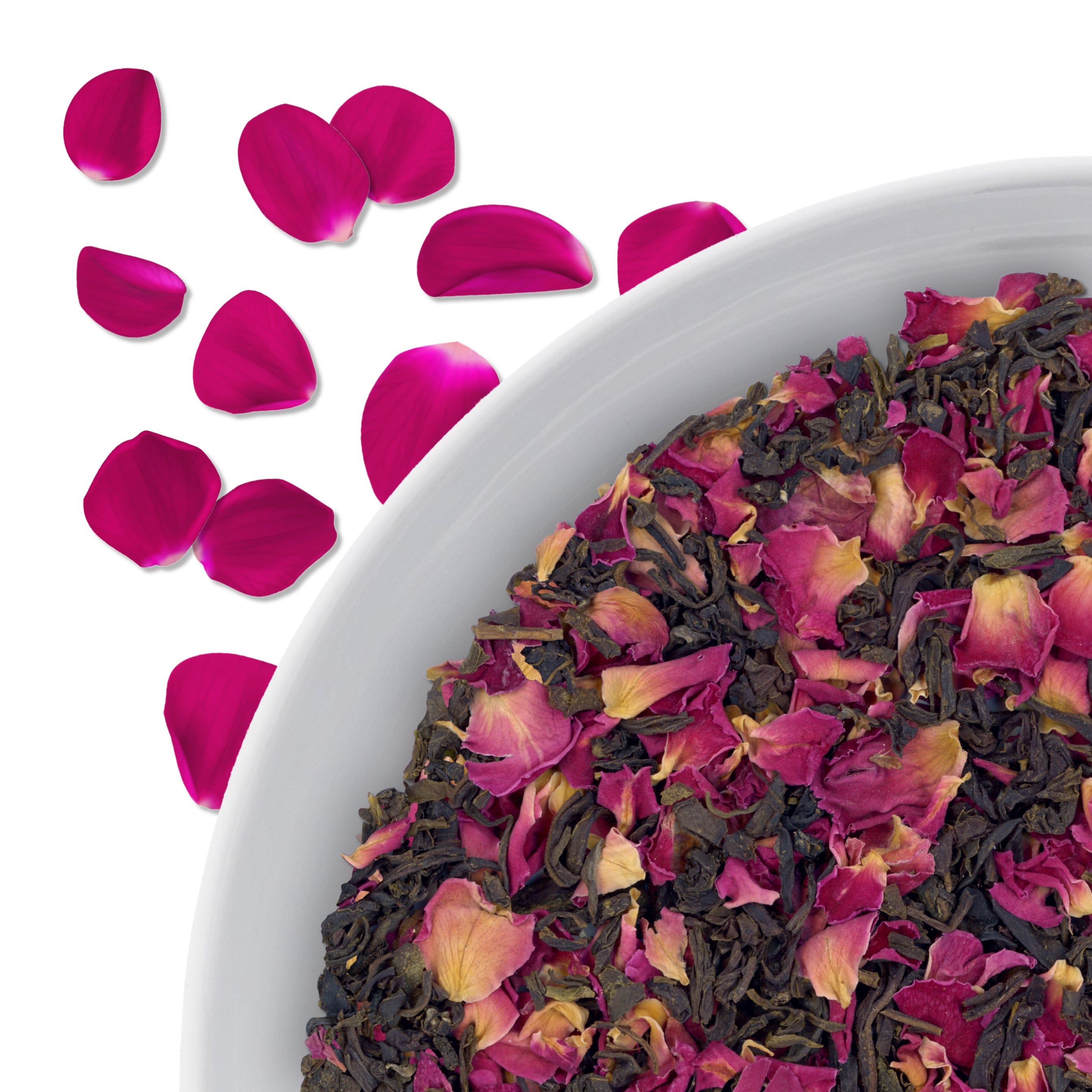 The corner of a bowl of Rose loose leaf green tea, with flavor notes displayed as rose petals.