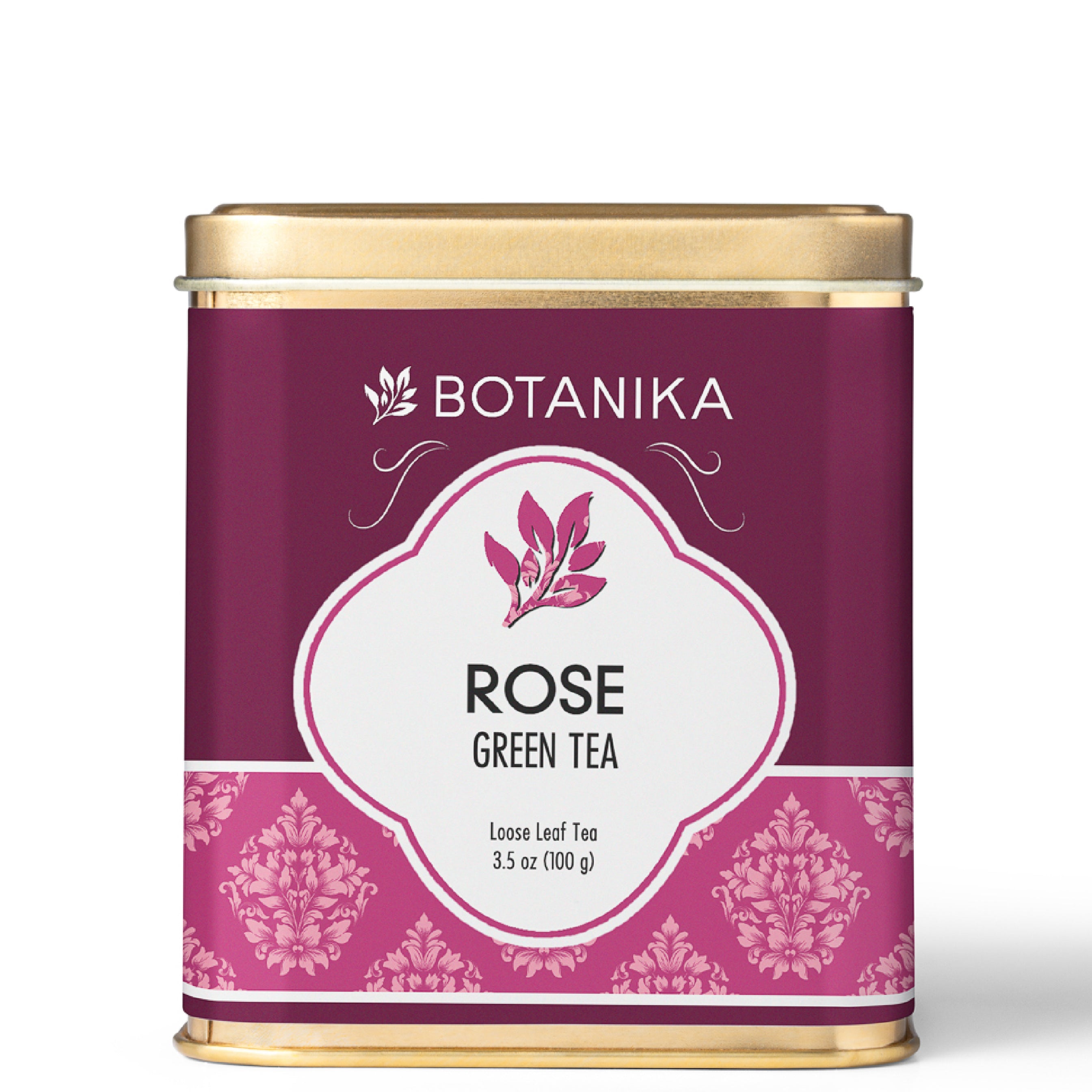 A golden tea tin for Botanika Tea's Rose Green Tea.