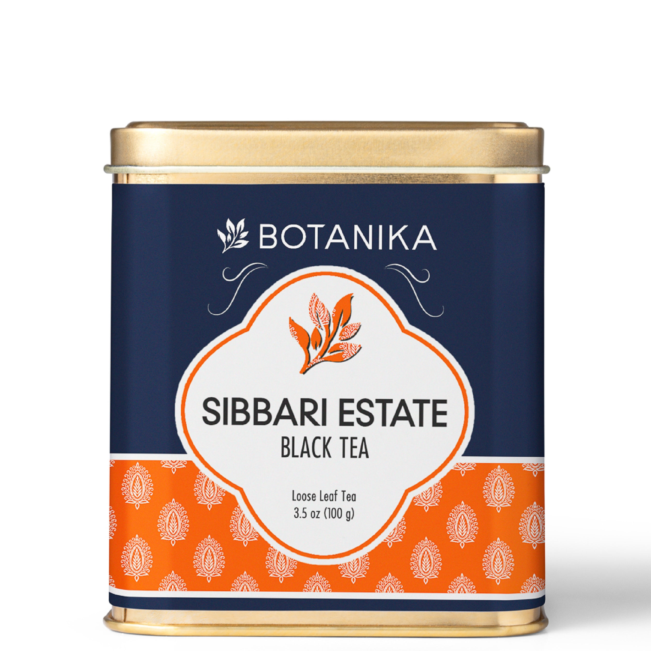 A golden tea tin for Botanika Tea's Sibbari Estate Black Tea.