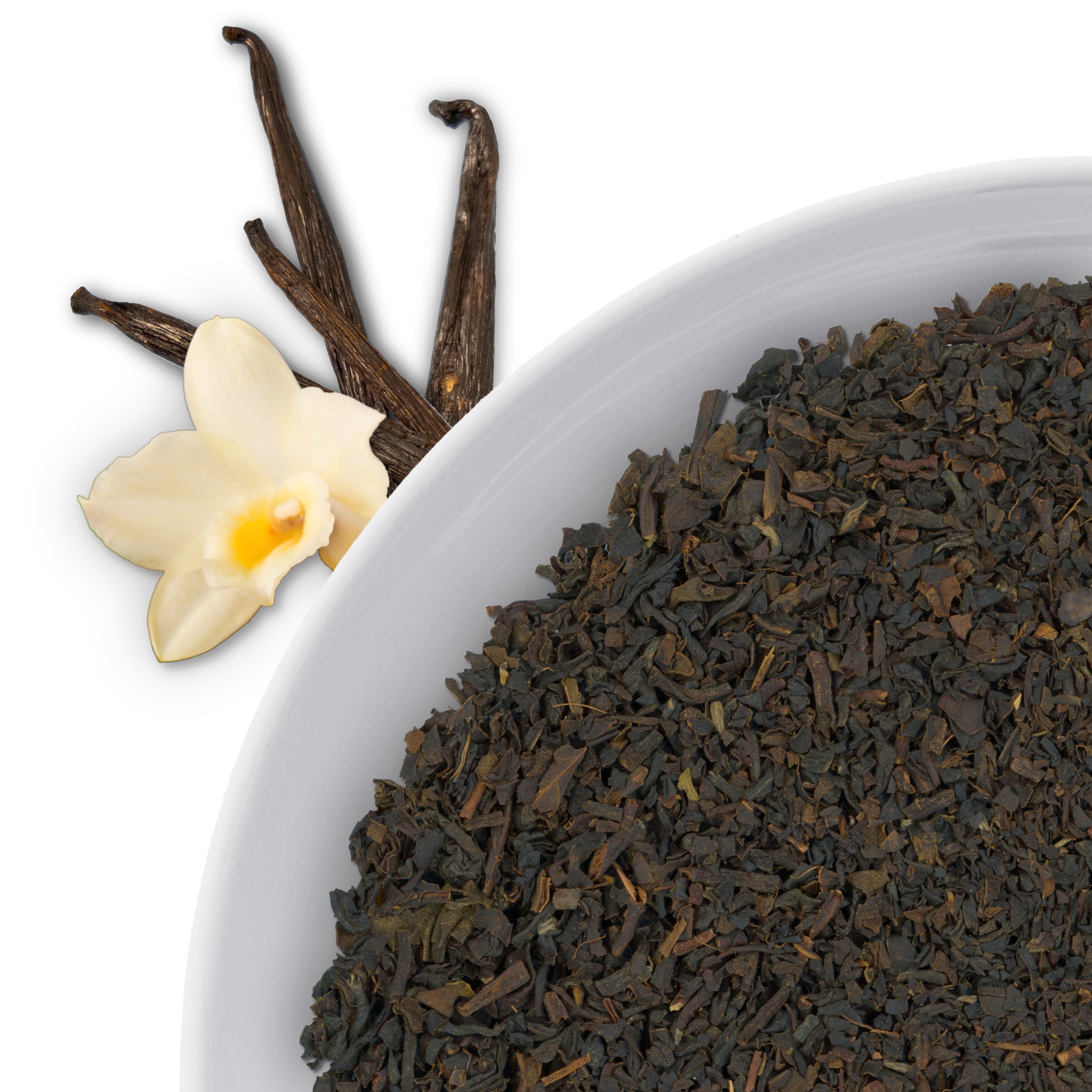 The corner of a bowl of Vanilla loose leaf black tea, with flavor notes displayed as vanilla beans and a vanilla flower.