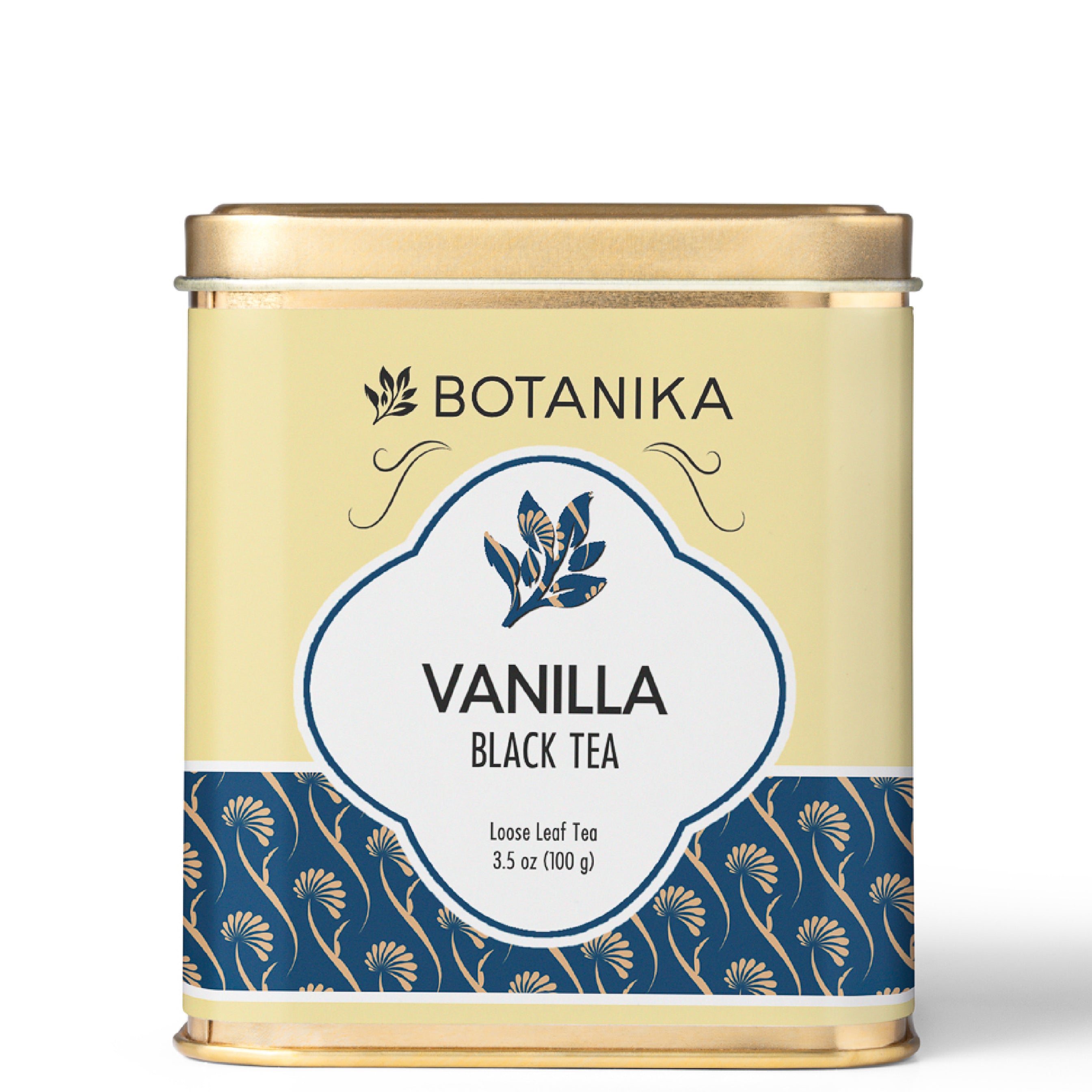 A golden tea tin for Botanika Tea's Vanilla Black Tea.