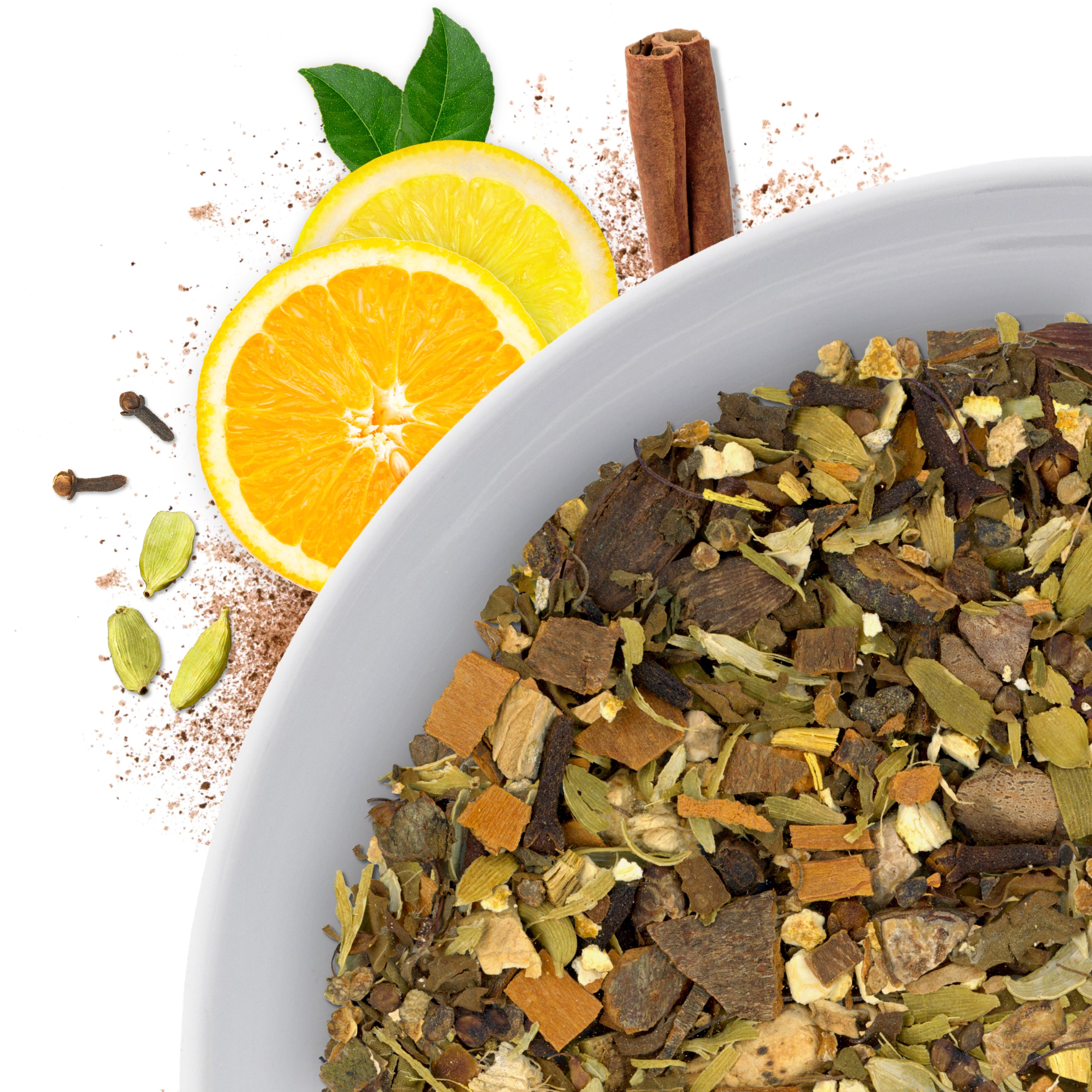 The corner of a bowl of Winter Spice loose leaf herbal tea, with flavor notes displayed as citrus, cinnamon, cardamom, and cloves.